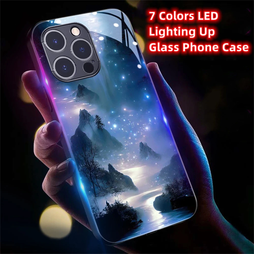 

So Beautiful Stars River Luminous Glass LED Call Light Up Flash Phone Case For Honor V40 60 70 80 90 Pro Huawei Nova 7 8 9 10 11