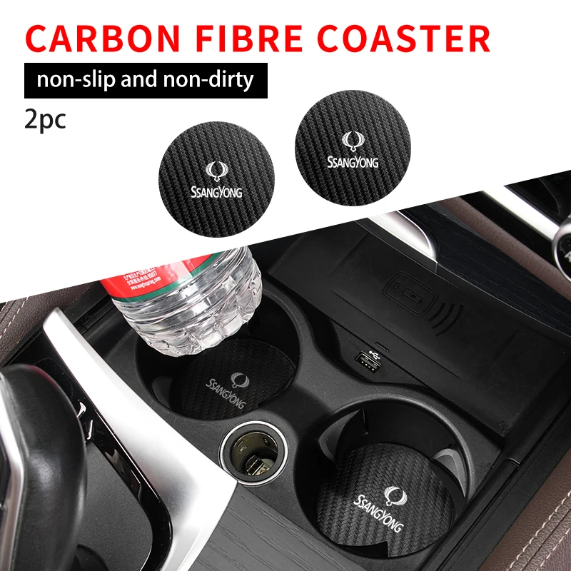 Car carbon fiber water coaster non-slip mat 2Pcs for SsangYong Actyon Korando Rexton Kyron Rodius Tivoli Musso Chairman