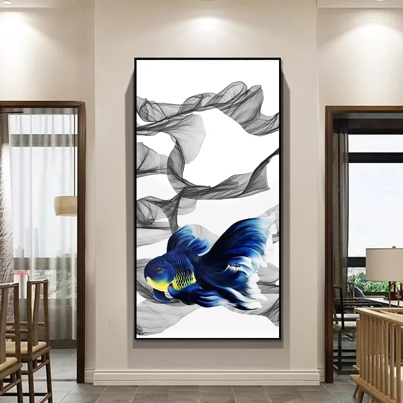 Astratto Blu Rosso Koi Betta Fish Canvas Painting Black White Line Poster Stampe Per Soggiorno Portico Wall Art Decoration