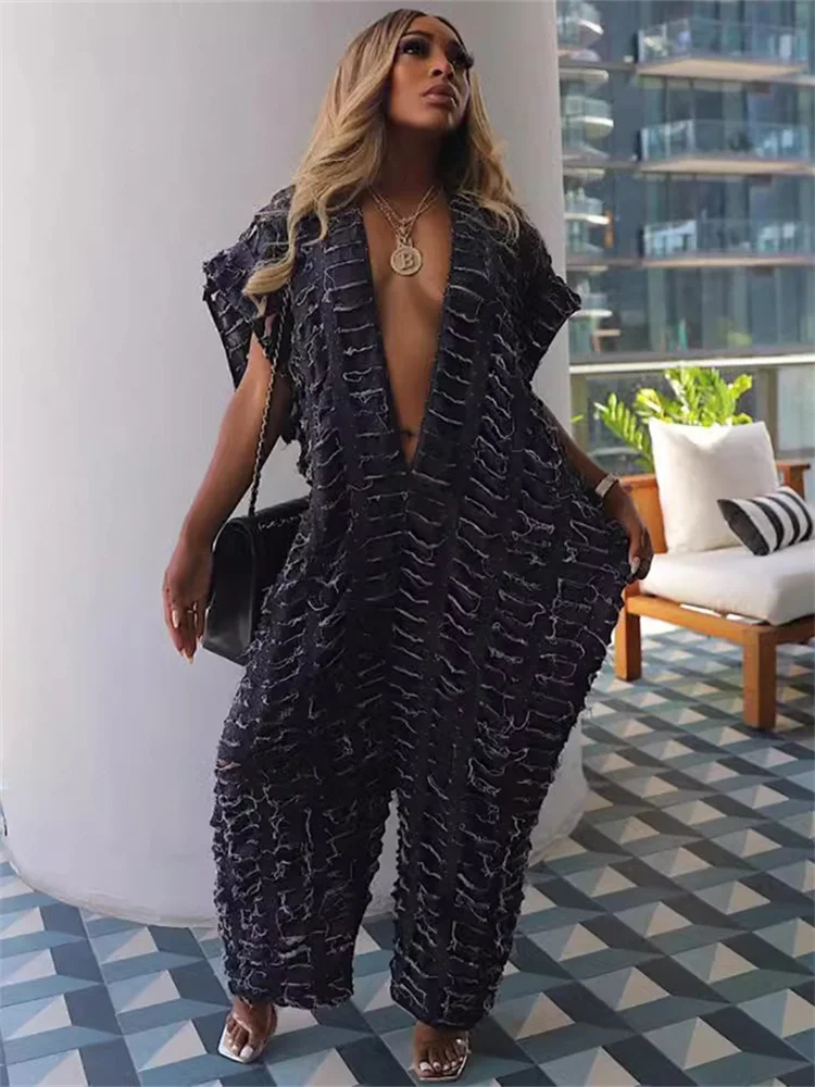 Wmstar Denim Jumpsuit Women Short Sleeve Sexy Loose Deep V Ripped Wide Leg Fashion New in Summer Rompers Wholesale Dropshipping