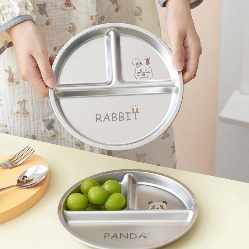 Round Dining Plate 304 Stainless Steel Food Plate Divided Breakfast 3 Grids Cute Tableware Stackable Fruit Salad Set