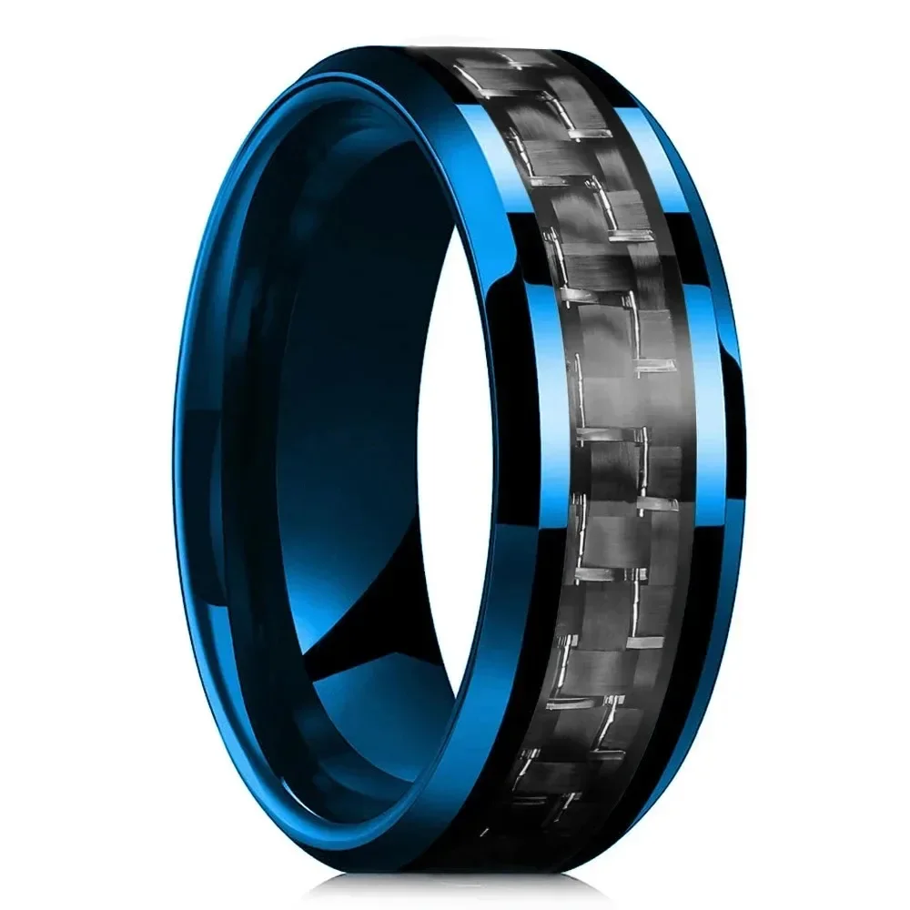 Sophisticated Silver Titanium Stainless Steel Men's Ring with Black Carbon Fiber Accent