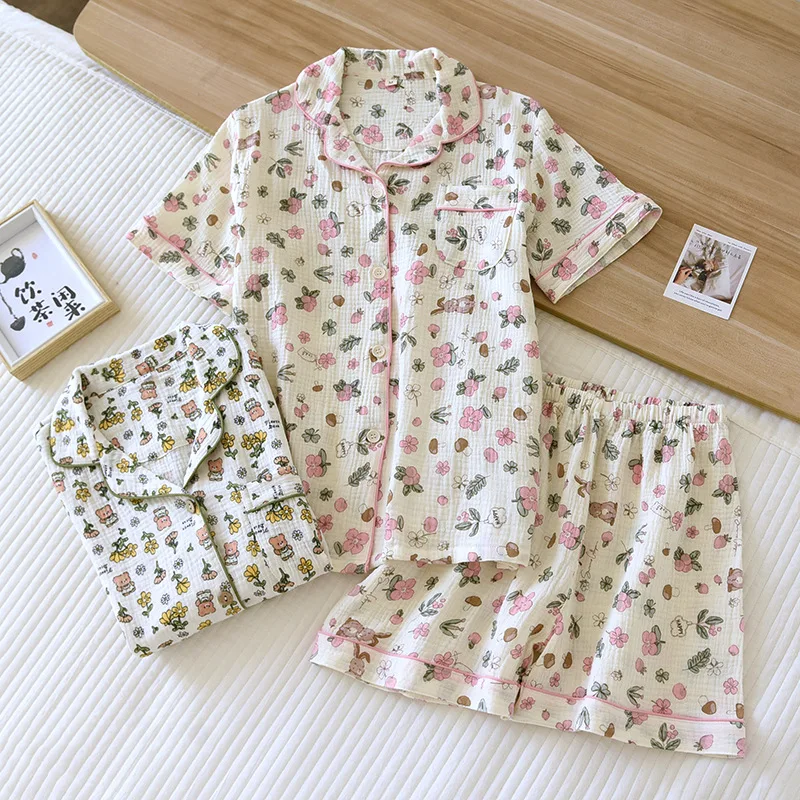 

Sweet Floral 100% crepe cotton shorts pajama sets women Sweet summer short sleeves pyjamas mujer sleepwear women