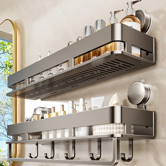 ชั้นวางของในห้องน้ำแบบติดผนัง ไม่ต้องเจาะ ติดด้วยถ้วยดูด ชั้นวางของในห้องน้ำ ชั้นวางของในห้องน้ำแบบแขวน ทำจากอะลูมิเนียมทั้งหมด อุปกรณ์จัดระเบียบห้องน้ำ 1