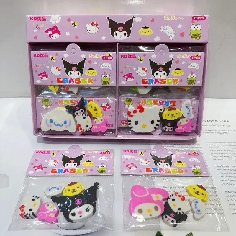 

20Pcs Sanrio Hellokitty Mymelody Kuromi Cinnamoroll Pompom Purin Cute Girl's Heart New Cartoon Eraser Set Cute Shape Eraser