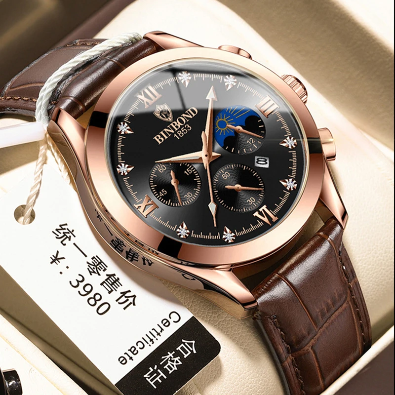 BINBOND Luxury Man Wristwatch Business Quartz Men Watch Waterproof Luminous Chronograph Date Men's Leather  Casual Watches