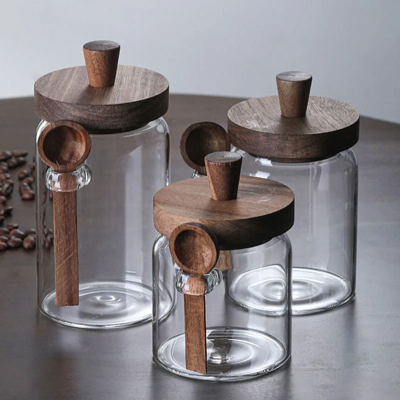 Coffee Bean Storage Jar Glass Sealed Containers Grains Jar with Wood Spoon Clear Spice Jars Kitchen Moisture-proof Storage Tank 6