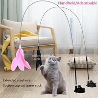 Cat Toy Cat Teaser Stick With Bell Extended Rod Suction Cup Self High And Durable Bite Teaser Tool Replaceable Feather Head 1