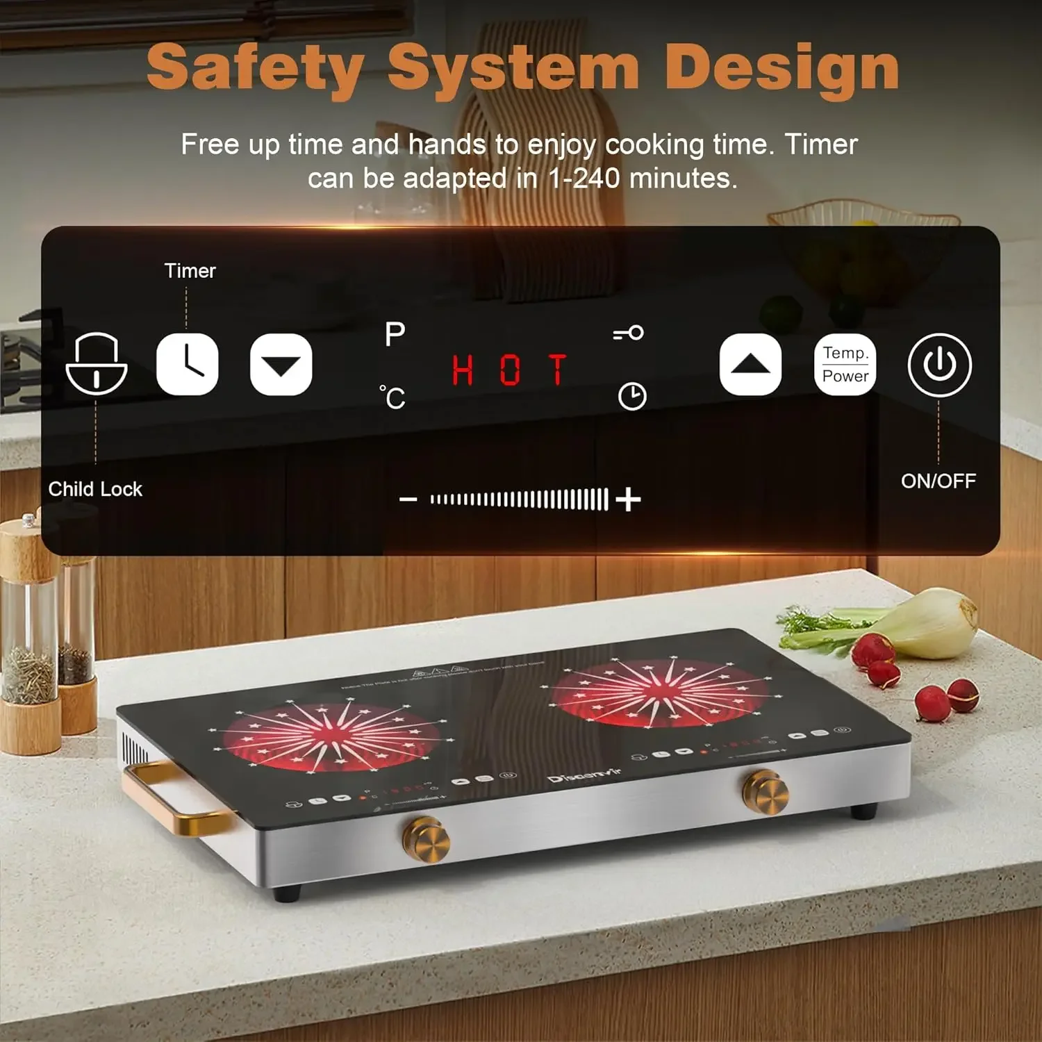 Electric Cooktop 110V - 24 Inch Countertop Electric Stove with Handles 2000W, Two Burner Ceramic Burner with LCD Touch Screen an 4