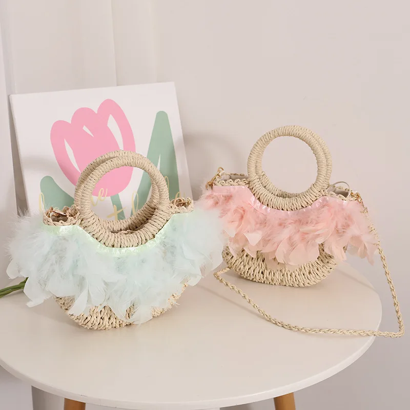 

Fashion Feather Wheat Straw Handbag For Girls Handmade Woven Vacation Seside Beach Bag Half Round Shoulder Bags