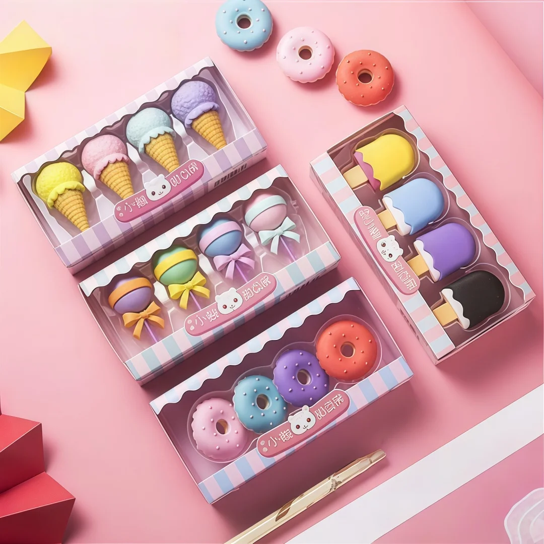 4개의 상자로 구성된 1세트 귀여운 달콤한 도넛 아이스크림 콘 롤리팝 지우개 다양한 모양의 어린이를 위한 교육용 문구류