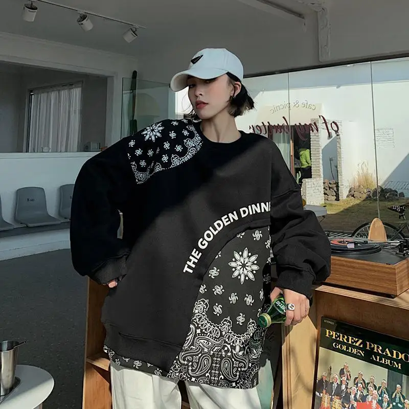 Pullover Splicing Loose Korean Version Cashew Flower Printing Matching Design Sense Niche Casual Couples INS 2022 New