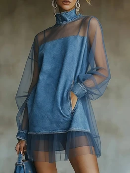 Denim Mini Dress For Women Fashion Turtleneck Tulle Denim Patchwork Long Sleeve See Through Loose Party Dresses Femme Vestidos 1