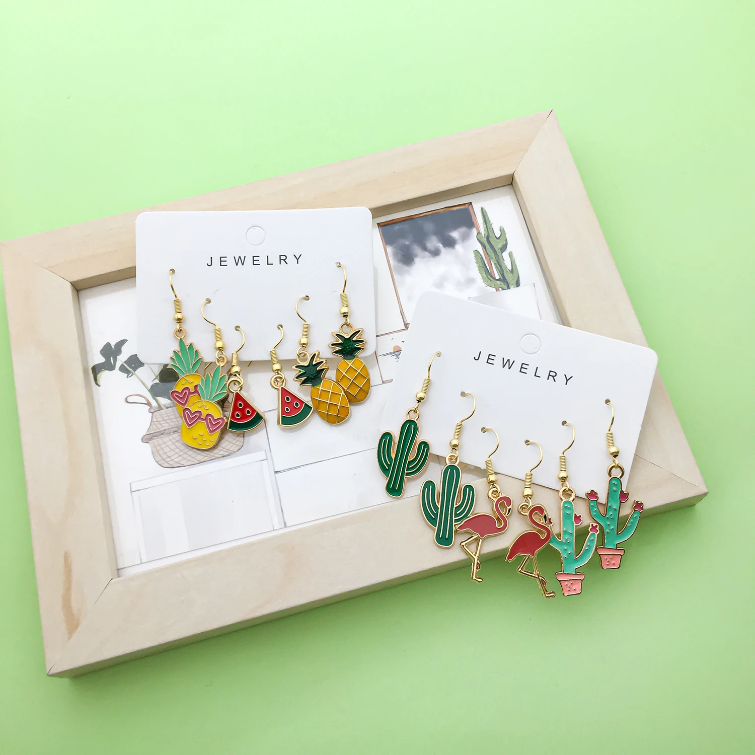 Enamel Funny fruit design earrings Cactus Design Charms Earrings Fashion Alloy Jewelry Women Girls Holiday Gifts 3 Pairs/Set
