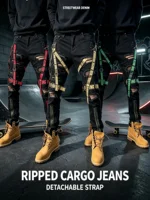 Jean vintage délavé et déchiré pour homme, avec sangle décorative amovible, fermeture éclair latérale, style streetwear Y2K, pantalon tactique hip-hop en denim. 6