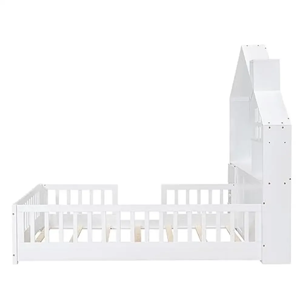 Kids Wood Montessori Floor Bed with Rails Stunning House Design Bedside Drawers Window USB Port Full Size Durable Pine Frame 4