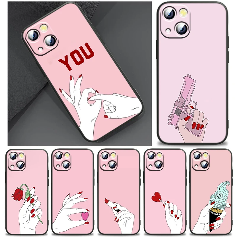 Cartoon Red Nails Girl Hand Cover Per Apple Iphone 14 13 12 11 Se Xs Xr X 7 8 6 Mini Plus Pro Max 2020 Custodia Per Telefono Nera