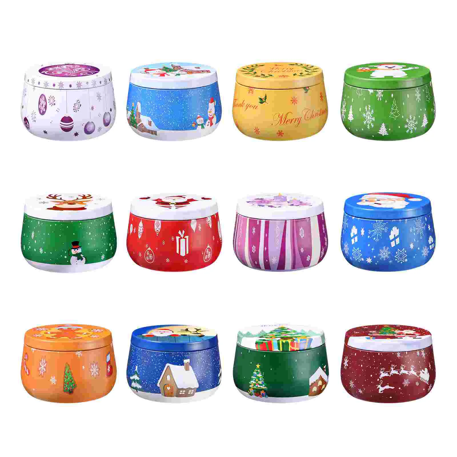 

Hemoton 12pcs Christmas Themed Tinplate Boxes Round Candy Cookie Boxes Tin Case Cups Xmas Ornament Party Supplies