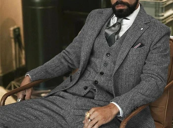 Abito invernale da uomo in tweed di lana grigia a spina di pesce slim fit smoking formale da sposo 3 pezzi abiti da sposa maschili (giacca + gilet + pantaloni) 1