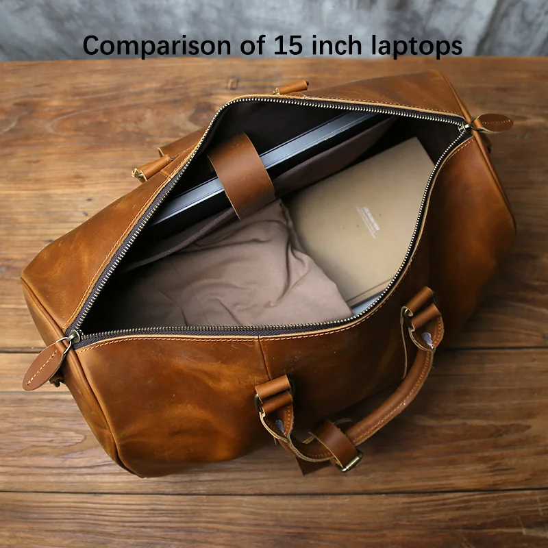 NZPJ Retro Men's Large-Capacity Leather Travel Bag First Layer Cowhide Shoulder Messenger Handbag with Zipper for 15 Inch Laptop