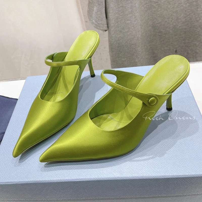 

Spring High Heel Slippers Women New Fashion Unique Upper Design Banquet Slippers Satin Material Pointed Toe Female Pumps