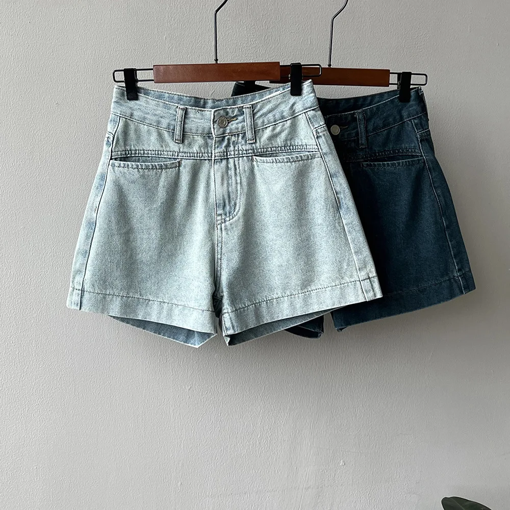 Women Clothing Retro High-waisted Pocket Denim Shorts 2024 Summer New Korean Style All-match Casual Simple Wide-leg Pants