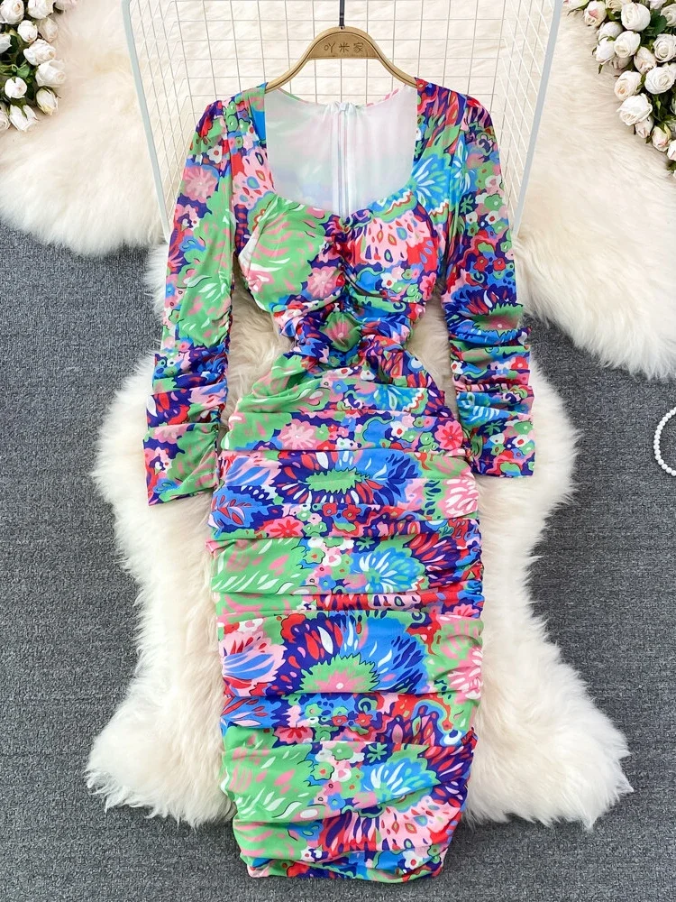 

Women Elegant Bodycon Dress Spring Autumn Long Sleeve Square Neck Floral Dresses Ladies Vintage Pleated Midi Dress Vestidos