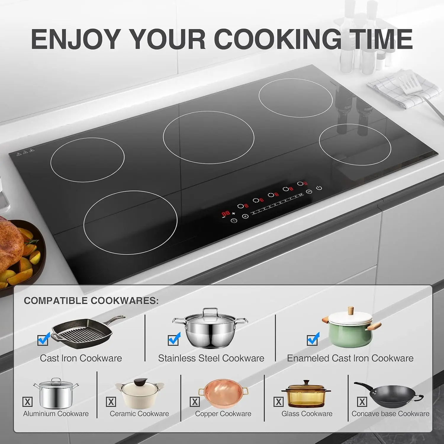 Induction Cooktop, with 5 Burners Desktop Built-in , 7400W 240V Induction  9 Power,Levels Sensor Touch 5