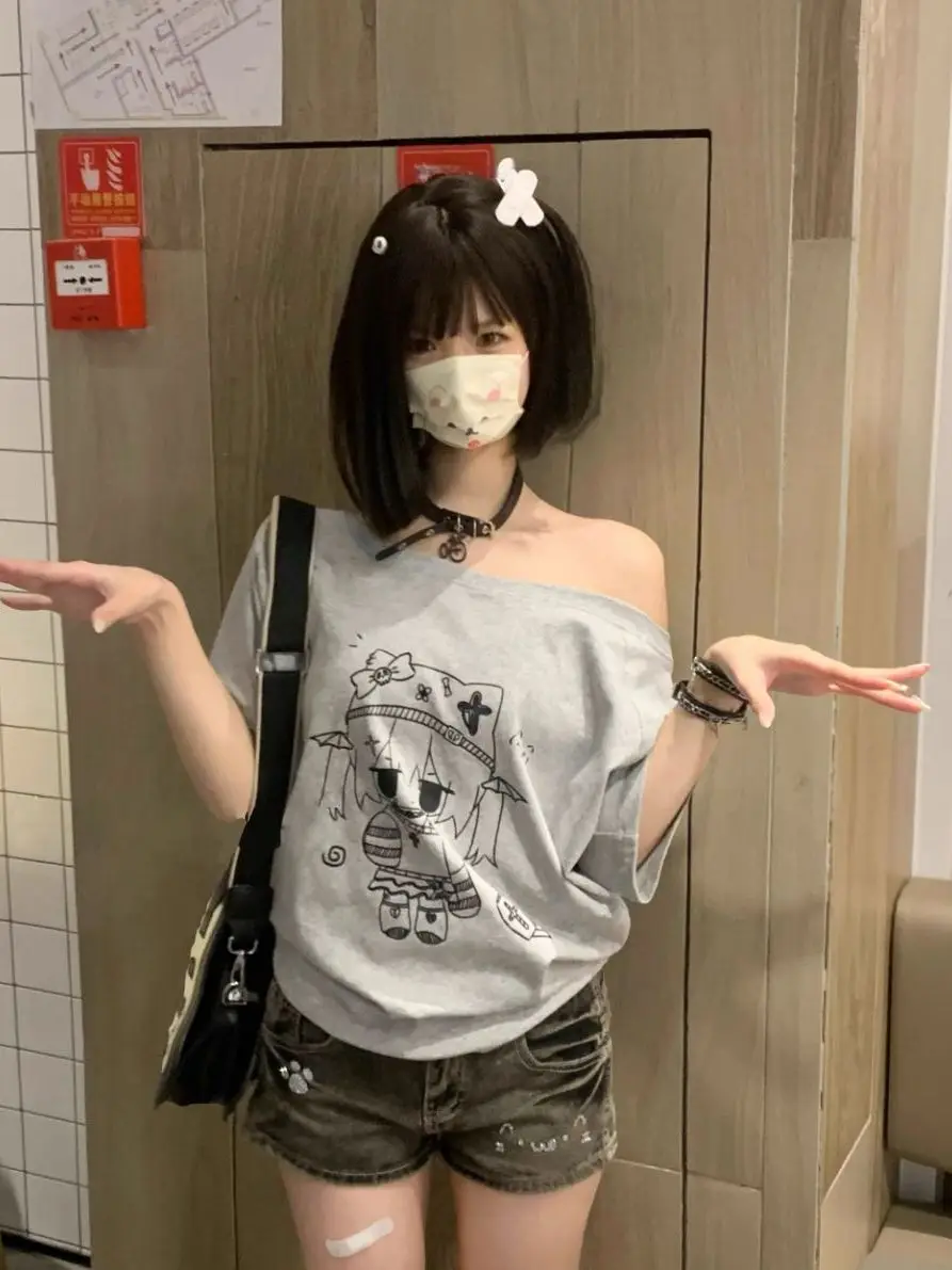 Übergroßes T-Shirt Harajuku Mode Grafik-T-Shirt Kurzarm Off-Shoulder Crop Top Damen Anime-Print Baumwolle Lässige Streetwear – Detail 5