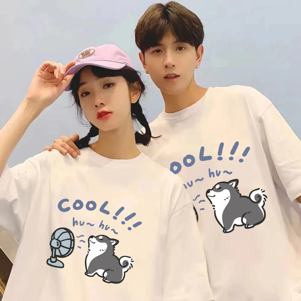 

New Cartoon Fan and Dog Printing T-shirt Summer Casual Couples T-shirt Short Sleeve Tee Funny Kawaii Graphic T Shirts O-Neck Top