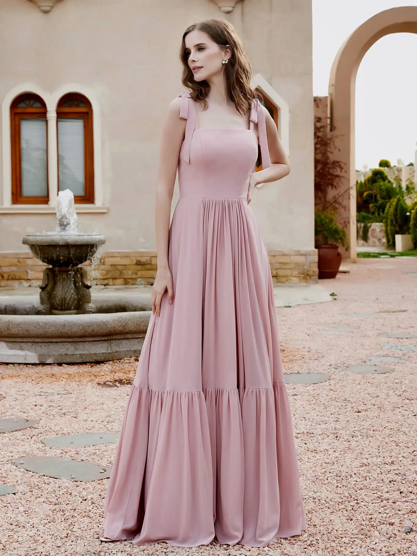 

Flowy A-Line Bow Ruffle Sleeveless Chiffon Bridesmaid Dress for Wedding Plunging Backless Cocktail Dresses Square Evening Gowns