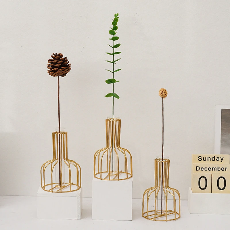 Nordic Iron Golden Hydroponic Vase Decoration Living Room Table Top Decoration Dried Flower Green Dill Plant Container Vase 3
