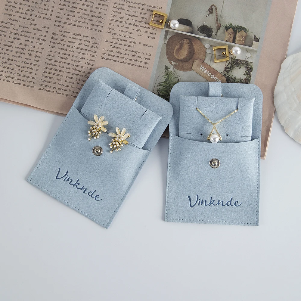 Custom Logo Printed Gift Necklace Jewellery Packaging Bag Envelope Snap Button Microfiber Jewelry Pouch with Pads Card Insert
