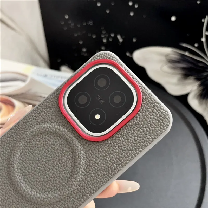 Luxury Magnetic Lychee Pattern PU Leather Non-Slip Case with Metal Camera Frame