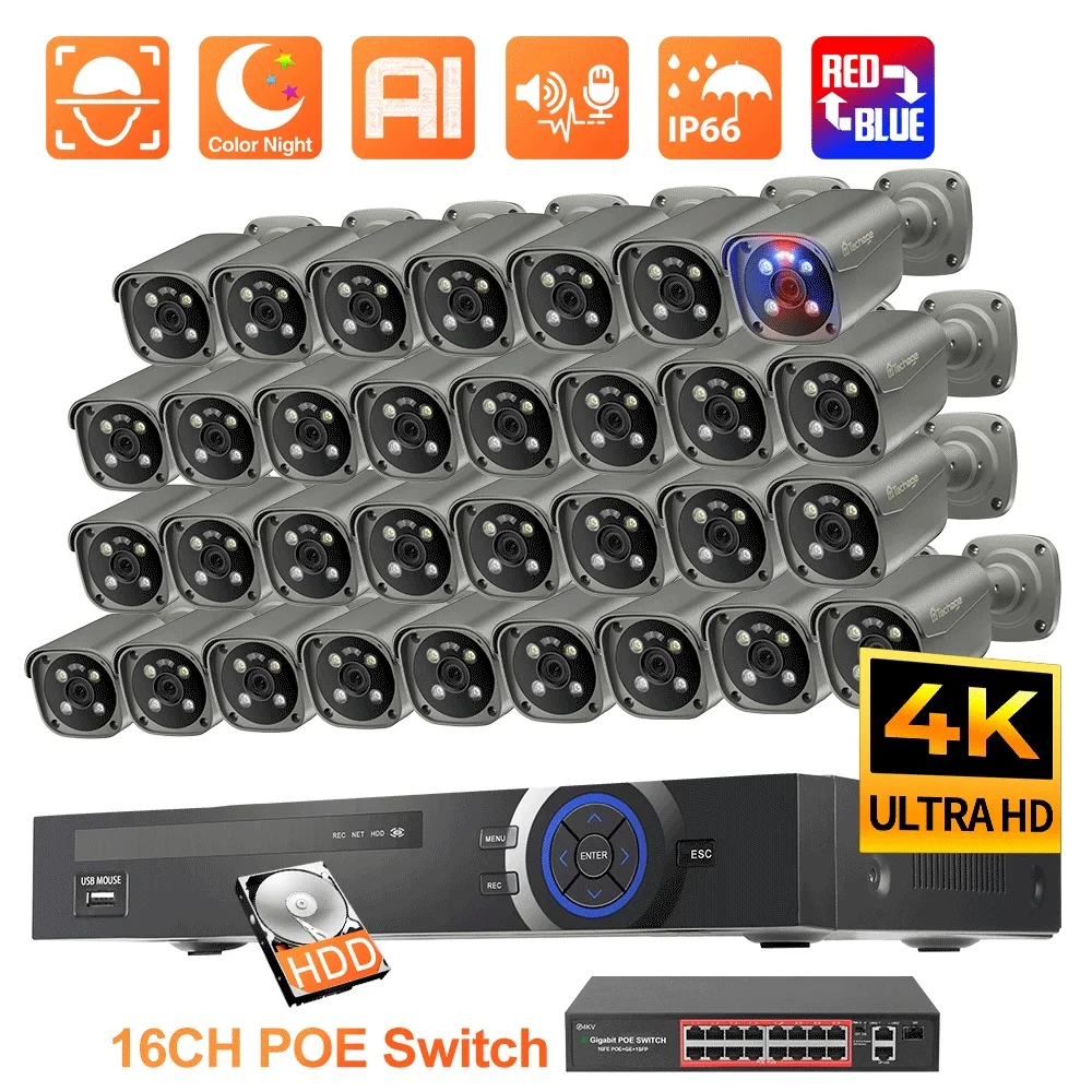 Techage 32CH UHD 4K 8MP POE Camera with H.265 Video NVR Security Camera System Outdoor Surveillance System CCTV Recorder Kits