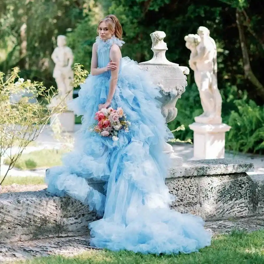 

Gorgeous Maxi Dress Tulle Ruffled Off Shoulder Sky Blue Wedding Party Dresses Long Train Extra Puffy Prom Gowns Photoshoot