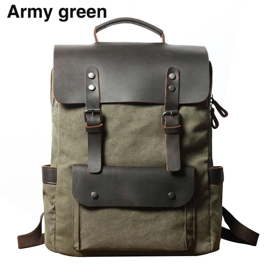 Vintage Men Canvas Backpacks Crazy Horse Leather Rucksacks Laptop Bagpack School Bags Mountaineering Travel Pack