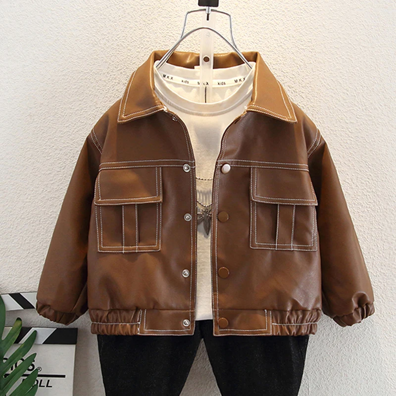 

Spring Autumn Boys Coat Kids Jackets Casual Outfits Fashion PU Leather Tops Short Jacket Children Clothes 2 3 4 5 6 7 8 9 Years