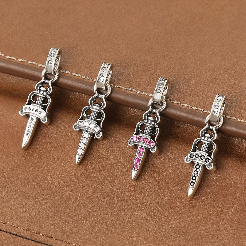 

S925 Sterling Silver Sword Pendant with Diamonds Fashion Men and Women Vintage Personality Punk Style European HipHop Pendant