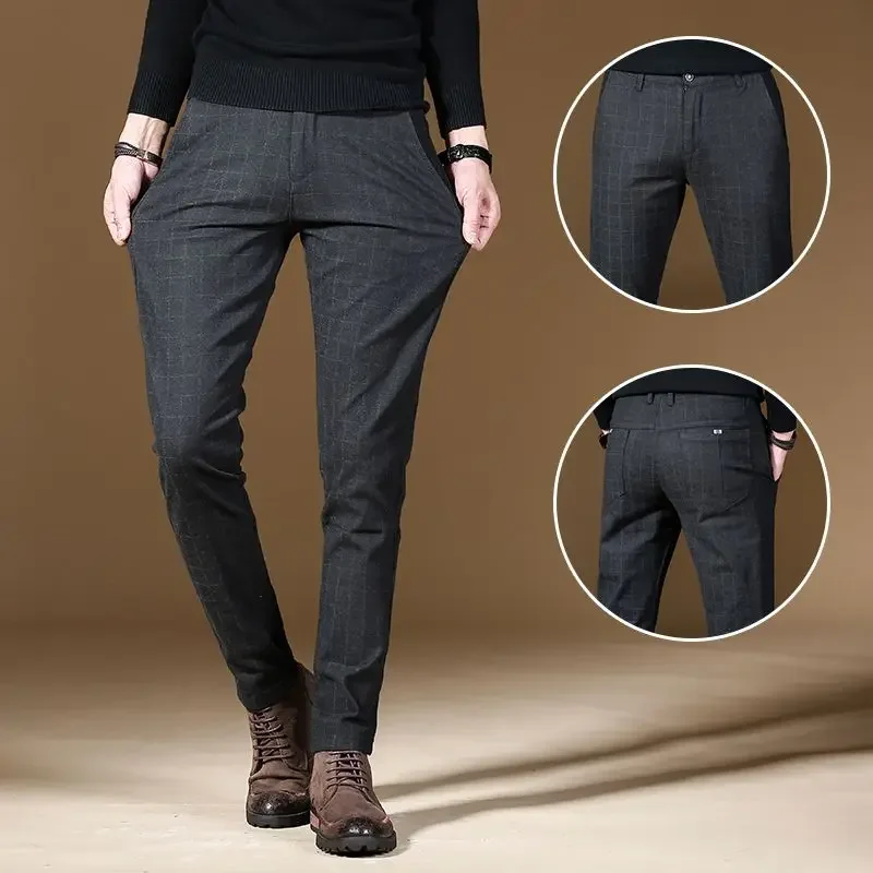 thumbnail image 1 of Pantalones de traje de cuadros escoceses para hombre, de negocios, con corte entallado, elásticos, elegantes y con estilo, para verano, 1 of 5