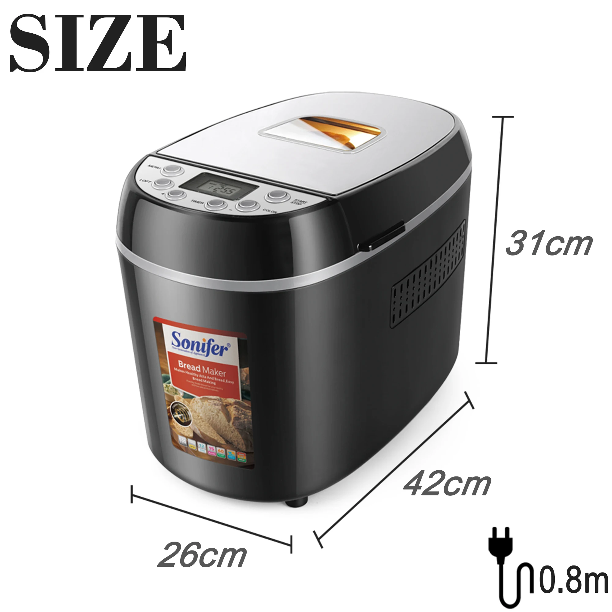 1.3kg Automatic Bread Machine 870w Programmable Bread Maker 15-hour Pre-set Timer Control Panel With Lcd Display Sonifer 6