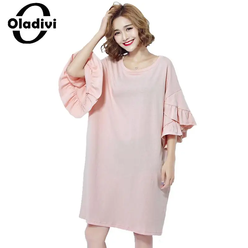 

Oladivi Oversized Women Clothing Fashion Ladies Ruffle Sleeve Dress Vintage Lady Casual Loose Short Dresses Tunics Pink STK 5301