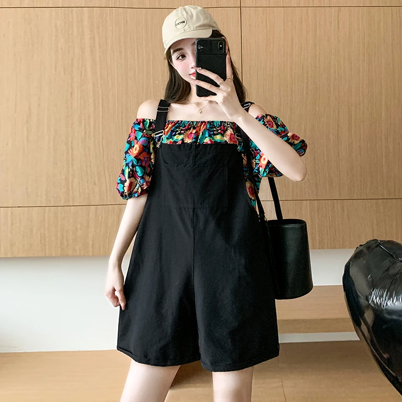 

Shoulderless Floral Shirts+Wide Legs Jumpsuits Maternity Twinset Plus Size Pregnant Woman Clothes Set Sweet Rompers Suits 2pcs