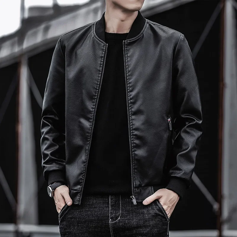 

PU Leather Jacket for Men Youth Motorcycle Ribbed Hem Stand Up Collar Jacket