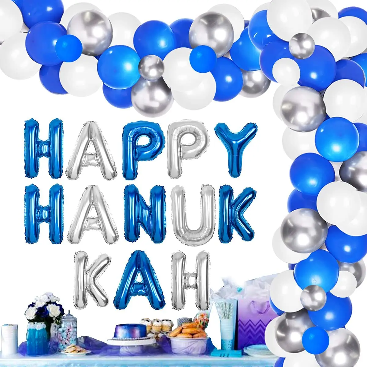 

JOYMEMO Happy Hanukkah Decorations Blue Sliver Balloon Garland Kit HAPPY HANUKKAH Banner for Jewish Holiday Chanukah Decor