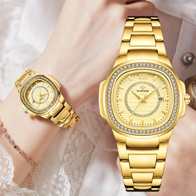 

WWOOR Luxury Quartz Watch for Women Gold Diamond Ladies Dress Watches Elegant Stainless Steel Waterproof Date Wristwatch Reloj