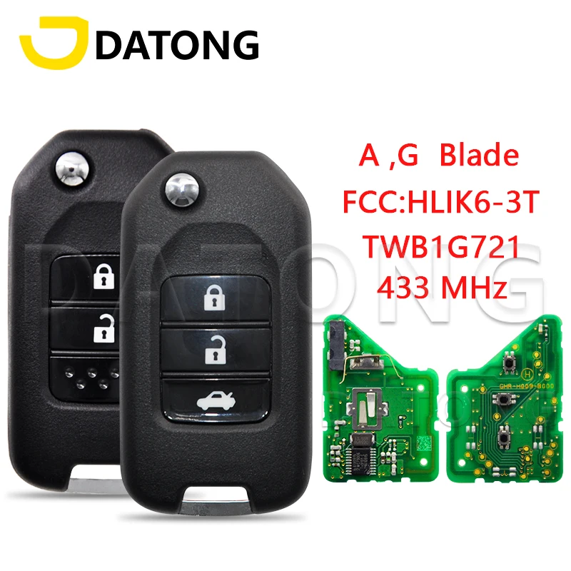 Datong World Car Remote Control Key For Honda  Accord Civic City CRV Jazz XR-V Vezel HR-V FRV ID47 Chip 433Mhz TWB1G721 HLIK6-3T for honda accord crv vezel facelift engine remote start push to starter keyless access obd can bus type car accessories panel