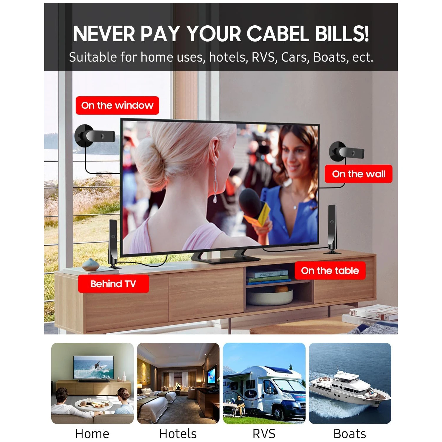 Potente Antena De TV Interior 2025 Recepción 360° Con Base