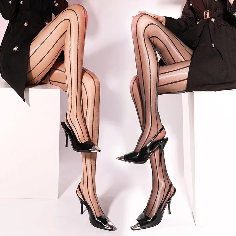 

Women's Ultra-Thin Open Crotch Glossy Stockings Shiny Pantyhose Vertical Stripes Silky Smooth Sexy Versatile Accessories