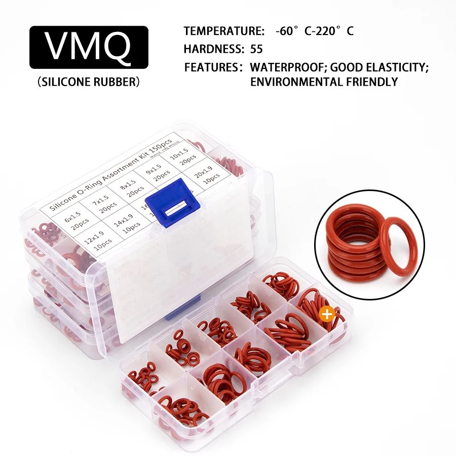 150PCS PCP Paintball VMQ Red Silicone Sealing O-rings Gasket Replacements Kit OD 6-20mm CS 1mm 1.5mm 1.9mm 2.4mm 10 Small Sizes